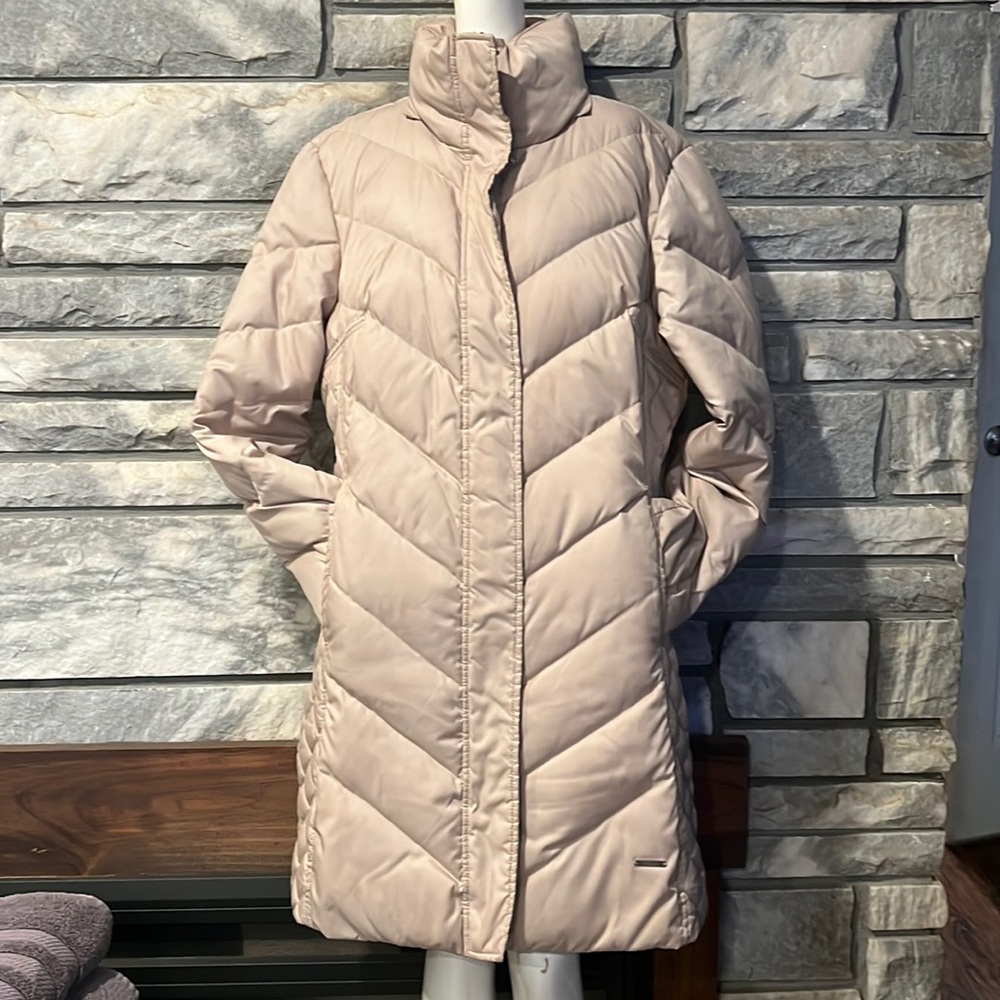 Kenneth Cole reaction tan long puffer coat